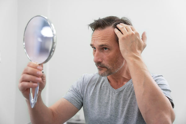 homem calvo olhando seu cabelo no espelho