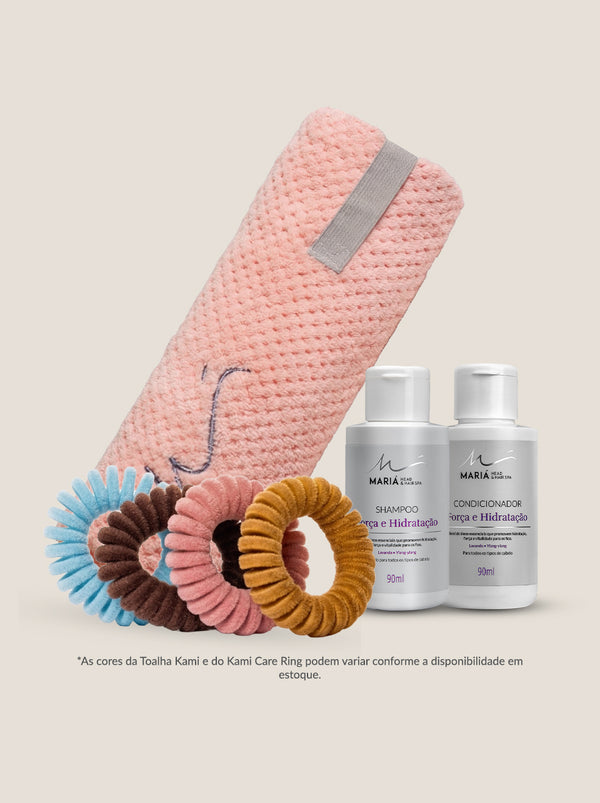 Shampoo e Condicionador Força e Hidratação 90ml + Toalha Kami e Kami Care Ring