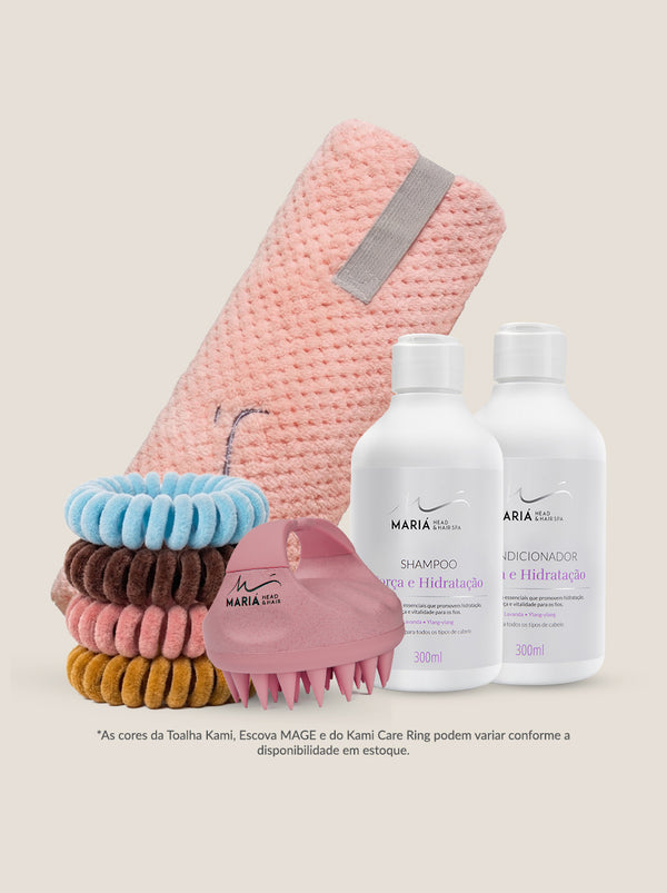 Shampoo e Condicionador Força e Hidratação 300ml + Toalha KAMI + Escova MAGE + Kami Care Ring