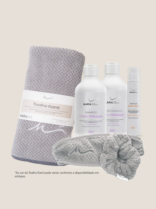 Shampoo e Condicionador Força e Hidratação 300ml + Protetor Termo Solar 50ml + Toalha e Kit Kami
