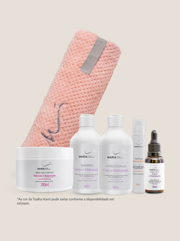 Shampoo, Condicionador 300ml e Blend Força e Hidratação 30ml + Protetor Termo Solar 50ml  + Máscara Nutrição e Reparação 200ml + Toalha Kami