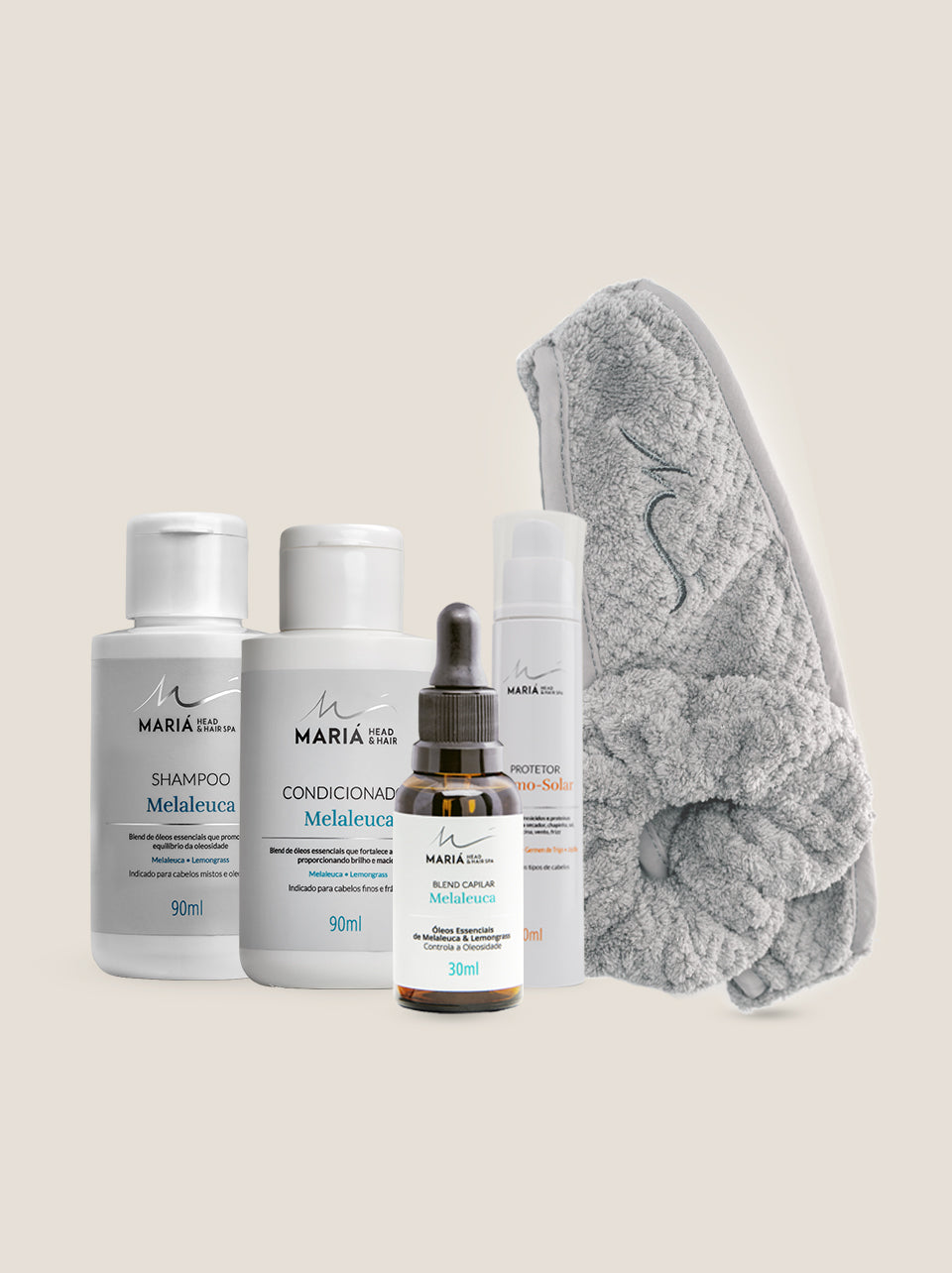 Shampoo e Condicionador Melaleuca 90ml + Blend Melaleuca 30ml + Protetor termo solar 50ml + Kit Kami