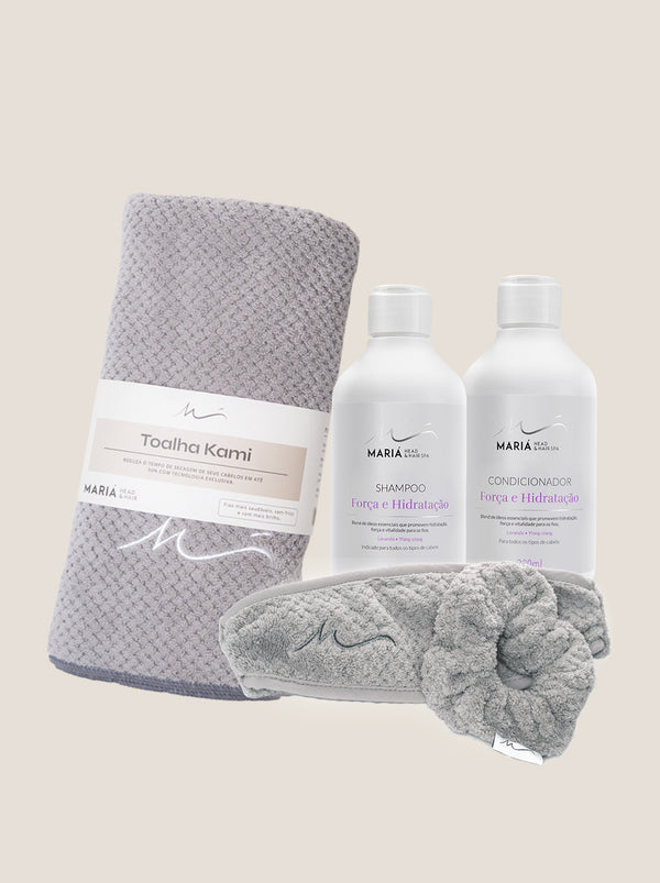 Shampoo e Condicionador Força e Hidratação 300ml + Toalha e Kit Kami